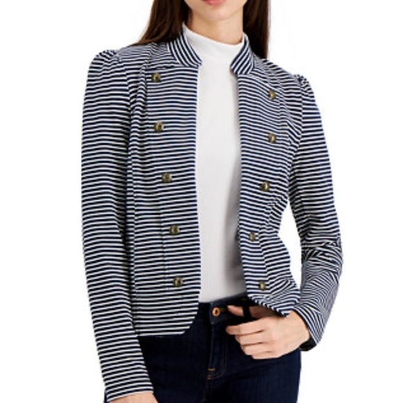Tommy Hilfiger Jackets & Blazers - Tommy Hilfiger Striped Puff Sleeve Open Blazer Jacket Navy Large Gold Button